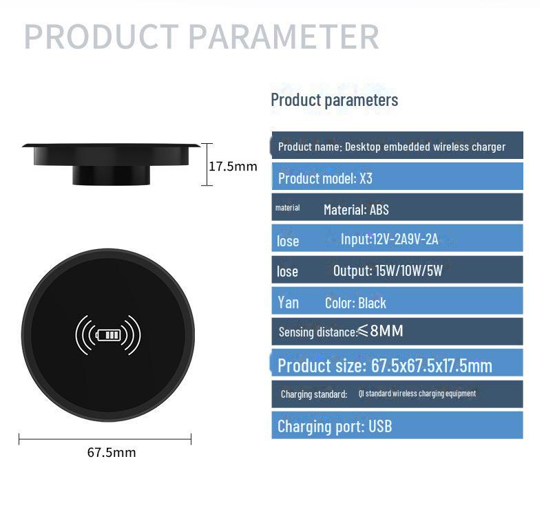 Eingebettetes Desktop-Wireless-Qi-Ladegerät: 15W Schnellladung für Mobiltelefone, Ideal für Schreibtische mit Spülbeckenloch-Kompatibilität