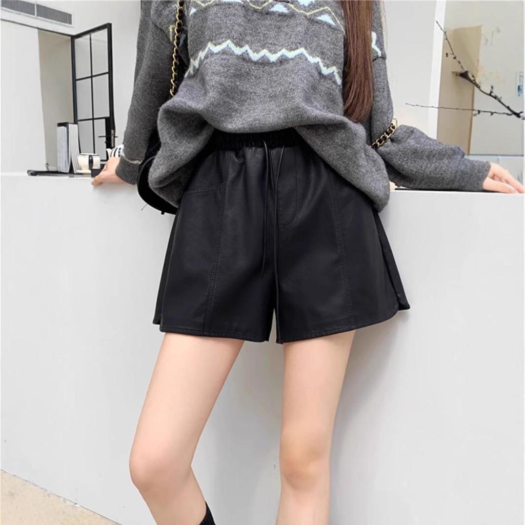 Women's High Waist PU Leather Shorts - Autumn 2024, Mylar Style, Slimming Drawstring, Versatile Wide-Leg Casual Wear