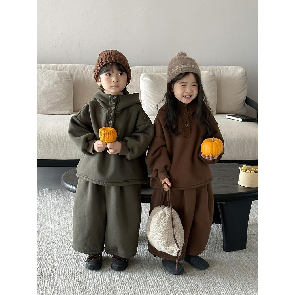 Children's Winter One-piece Fleece Hooded Sweater for Men and Women Baby Thickened Sweatpants Two-piece Suit