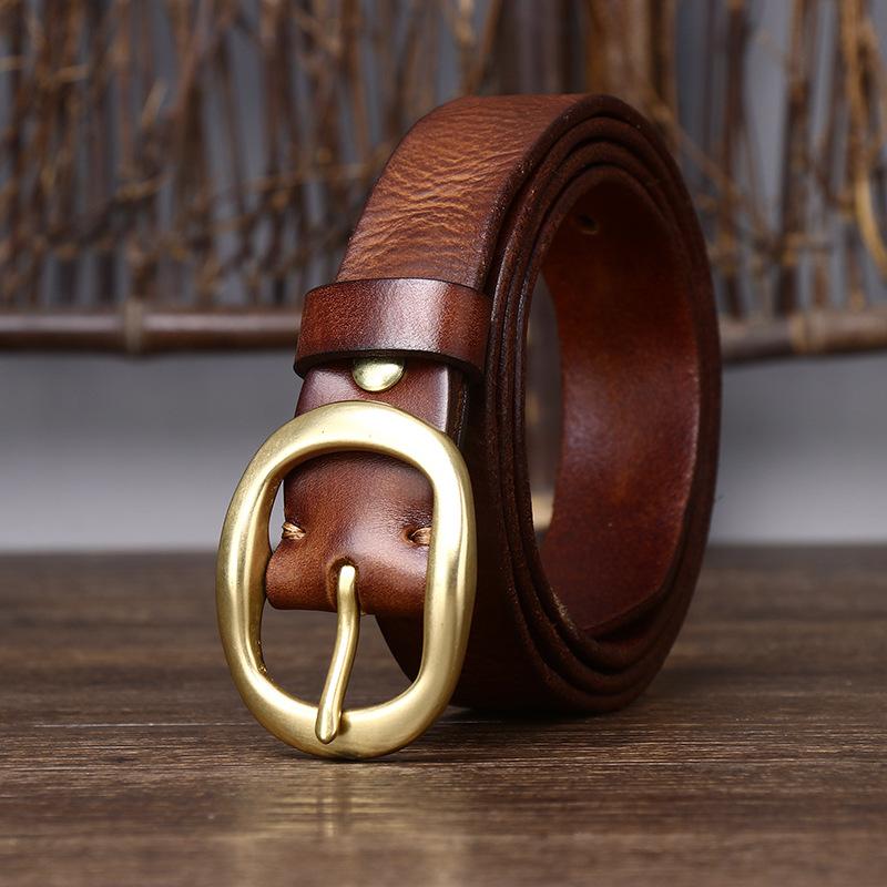 Retro Pleated Trendy Copper Buckle Belt Women'S Genuine Leather First Layer Pure Cowhide Versatile Jeans Belt