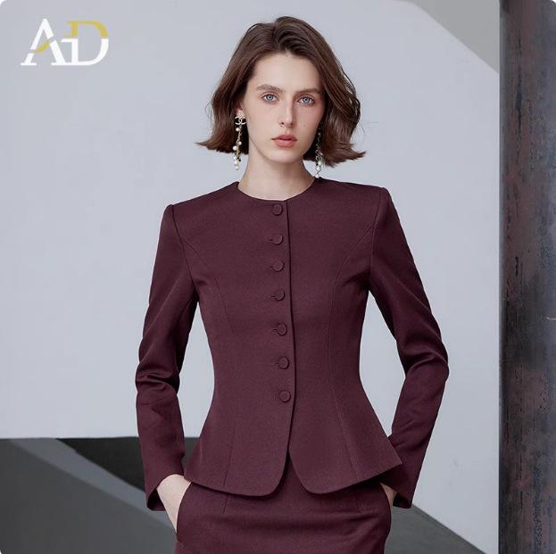 AD Ancora Women's Red Slim-Fit Round Neck Suit Jacket and Skirt Set - High-End Socialite Style for Professional Commute