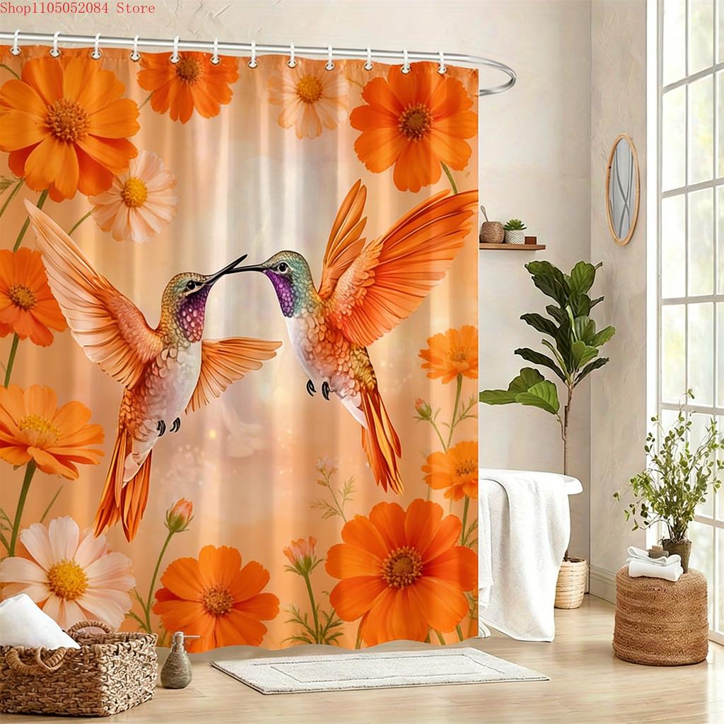 Pair Of Green Hummingbirds & Lily Of The Valley Waterproof Shower Curtain For Bathroom Decor