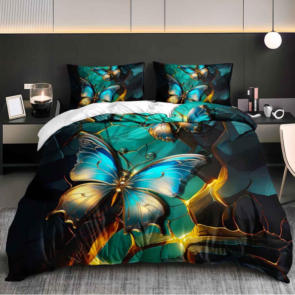 3Pcs Luxurious Teal And Golden Butterfly Bedding Set Including A Duvet Cover Designed For An Elegant Butterfly-Themed