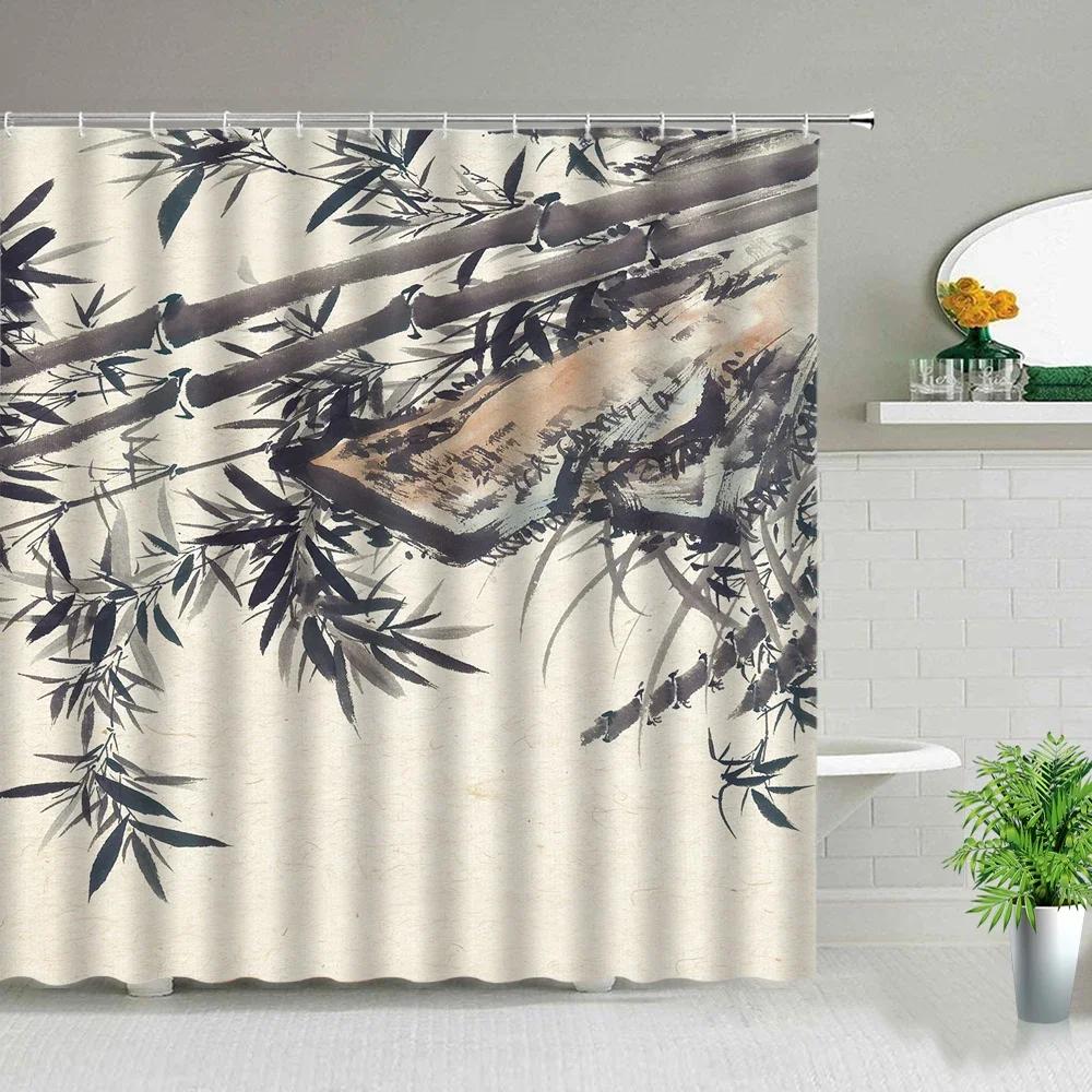 Chinese Style Green Bamboo Series Shower Curtain Set Waterproof Home Bathroom Decor Curtains With Hook Popular Bath Accessories