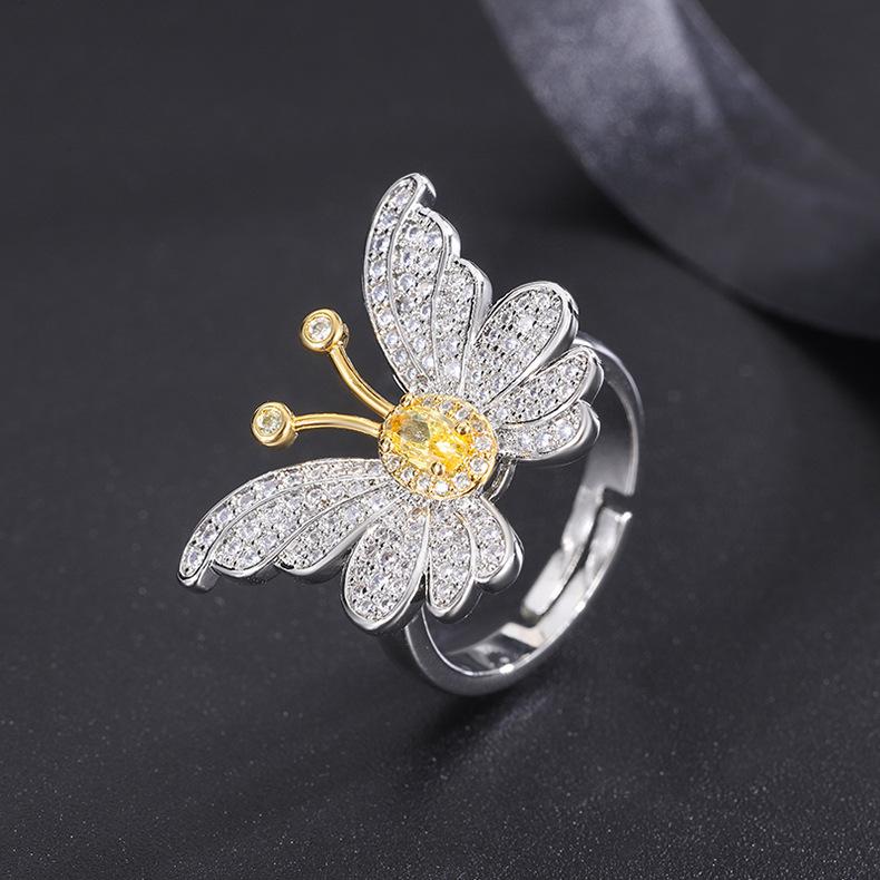 Micro Inlaid Clavicle Chain Yellow Crystal Zircon Butterfly Earrings Necklace Gold Pendant Ring