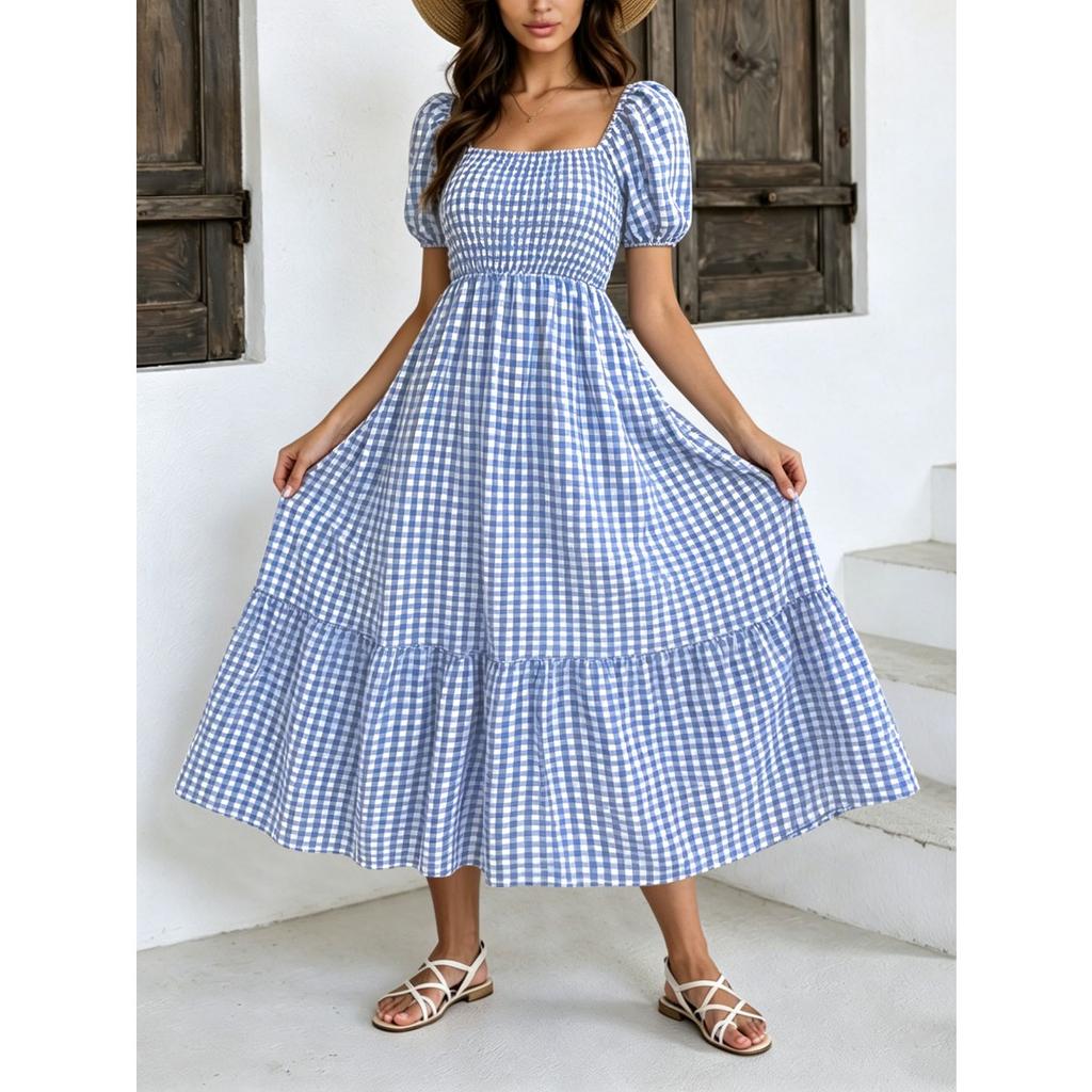 Plus Size  Summer Country Style Gingham V-Neck Puff Sleeve High Waist Tiered Cake Dress Casual Summer Dress