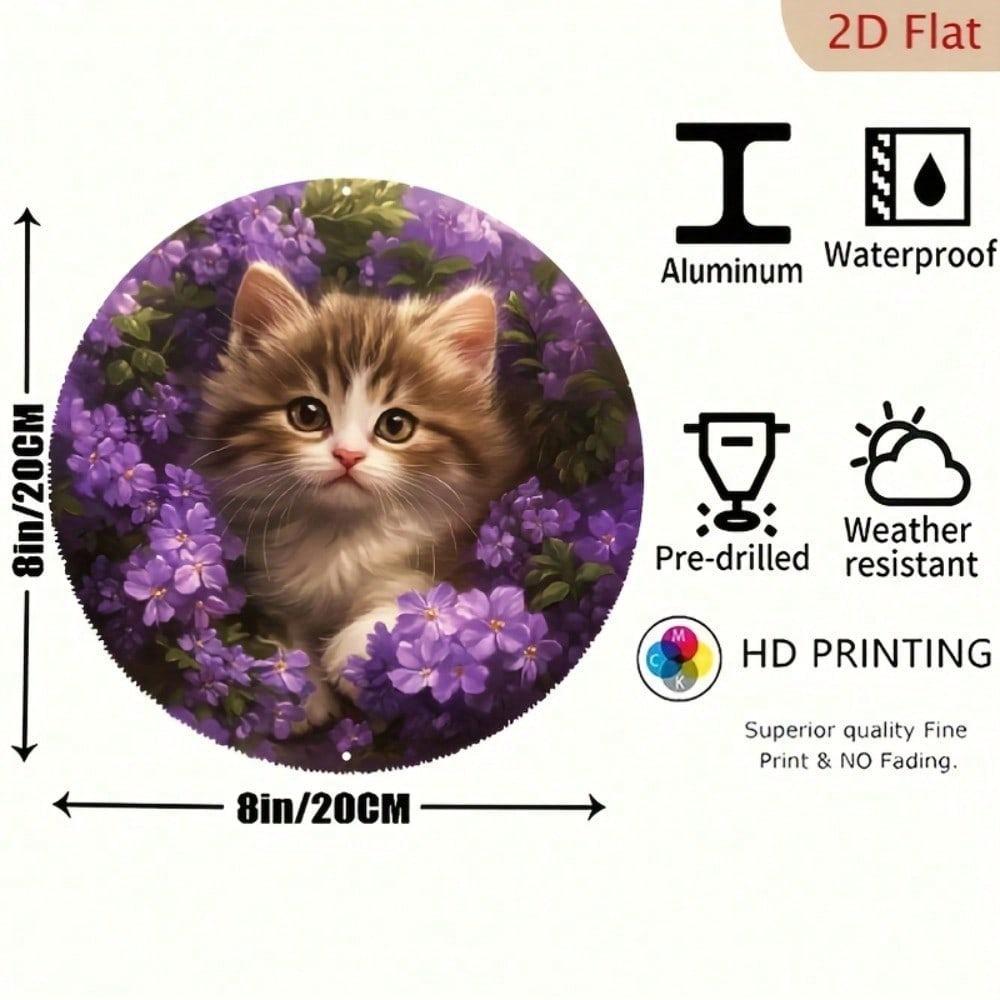 1pc Round Aluminum Metal Wall Sign Retro Kitten Purple Floral Waterproof Pet Lover Decor
