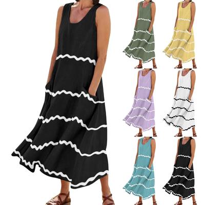 Women's Summer Casual Fashion Stripe Printing Sleeveless Round Neck Pocket Dress