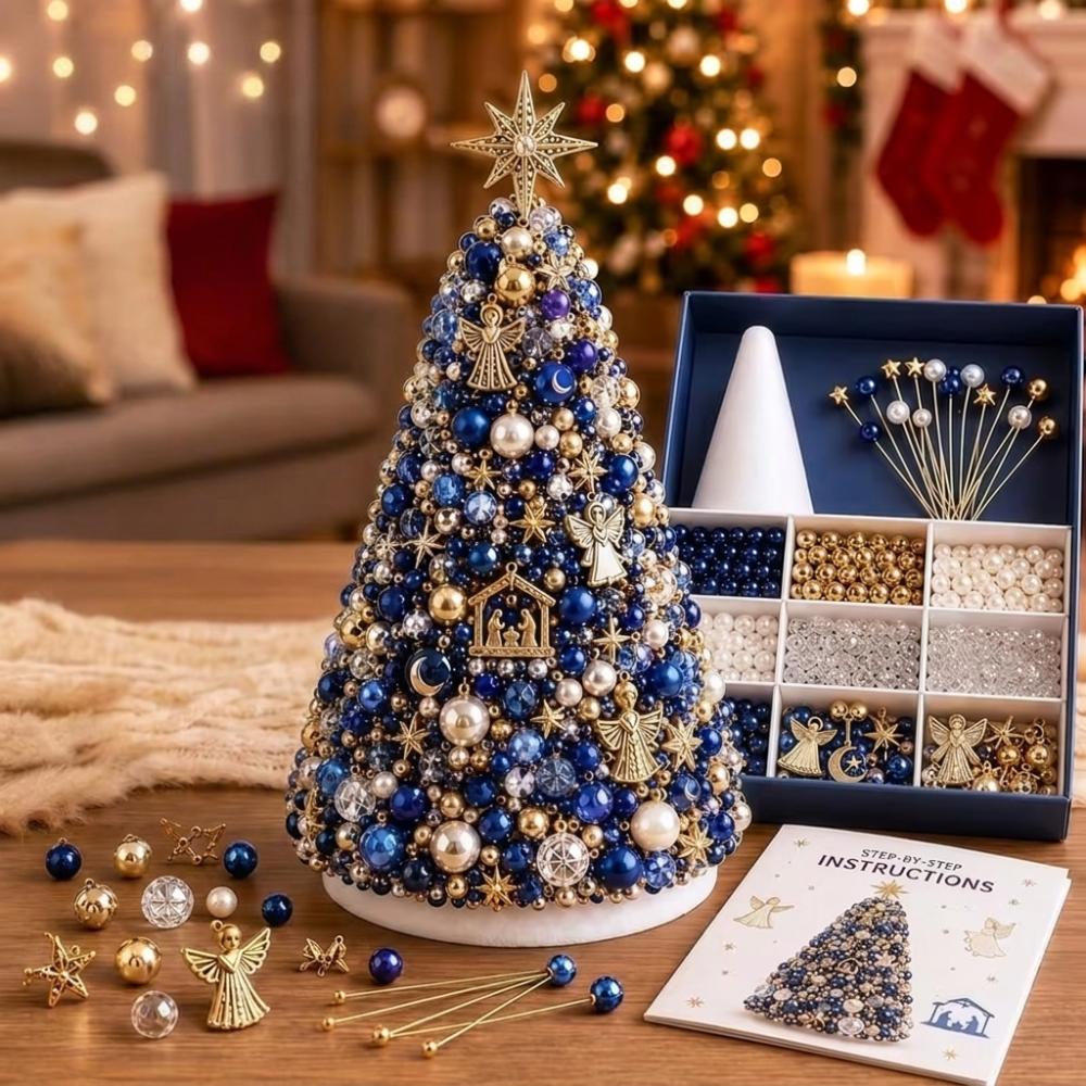 Colorful Beads DIY Beaded Christmas Tree Kit Educational Handmade Tabletop Christmas Tree Set Star Topper Faux Pearl