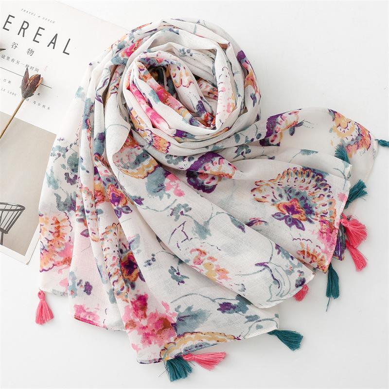 Four Season Cotton And Linen Hand Feel Scarf, Retro Ethnic Style, Colorful Flowers, Thin Tassel Scarf, Shawl For Women