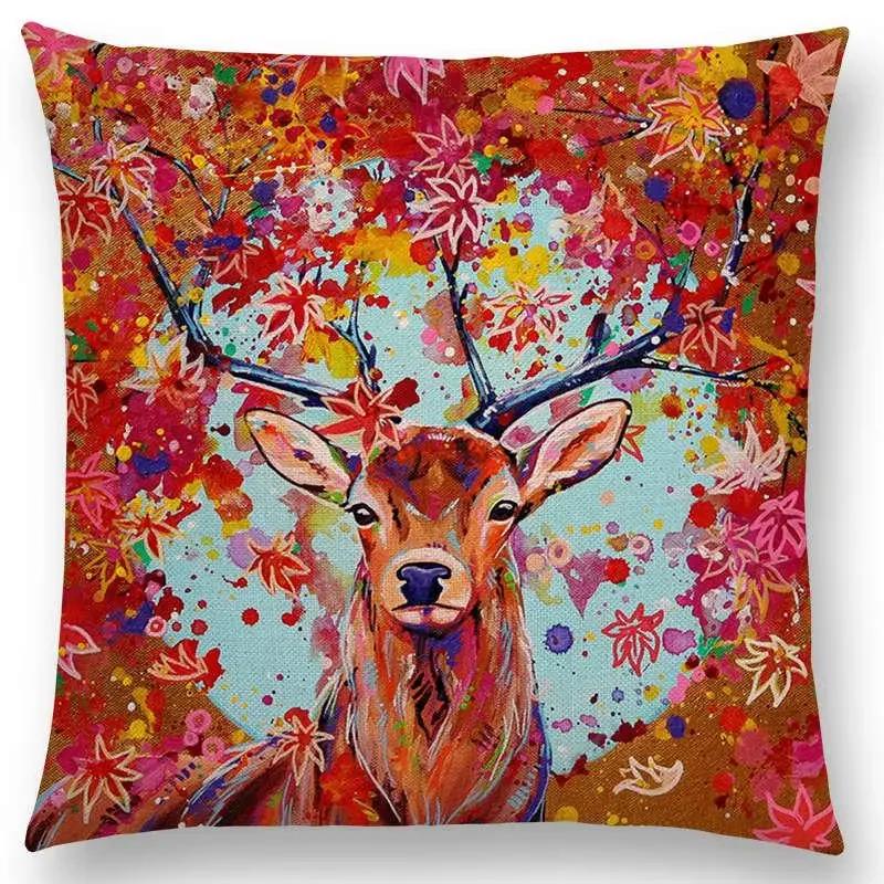 Oil Painting Animals ELK Cushion Cover Deer Lion Dogs Fox Bird Horse Sofa Throw Pillow Case