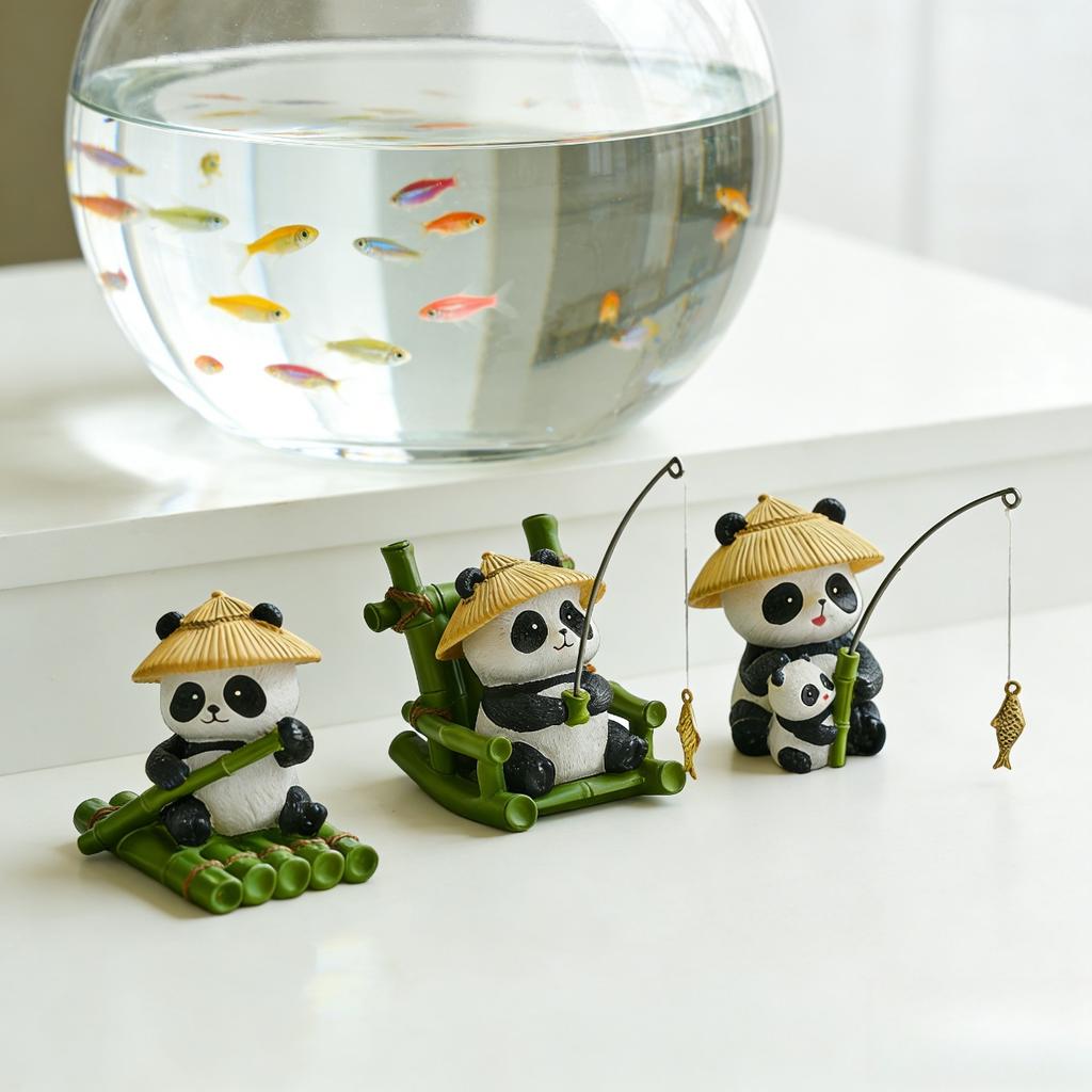 Resin Fishing Panda Outdoor Statues Bamboo Hat Adorable Animal Bonsai Pond Aquarium Tabletop Home Room Bedroom Decor Gift