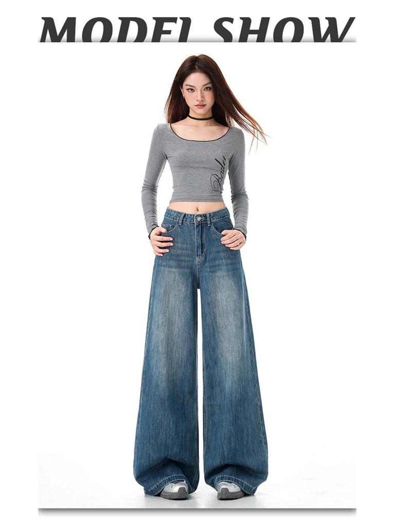 Women's Vintage High-Waisted Wide-Leg Jeans - Non-Clingy, Loose Fit for Spring and Autumn