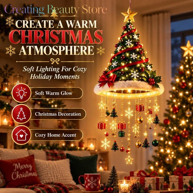 Lighted Santa Hat Hanging Chandelier, Plush Holiday Light Plush red hat a lightweight festive light for porches, tents