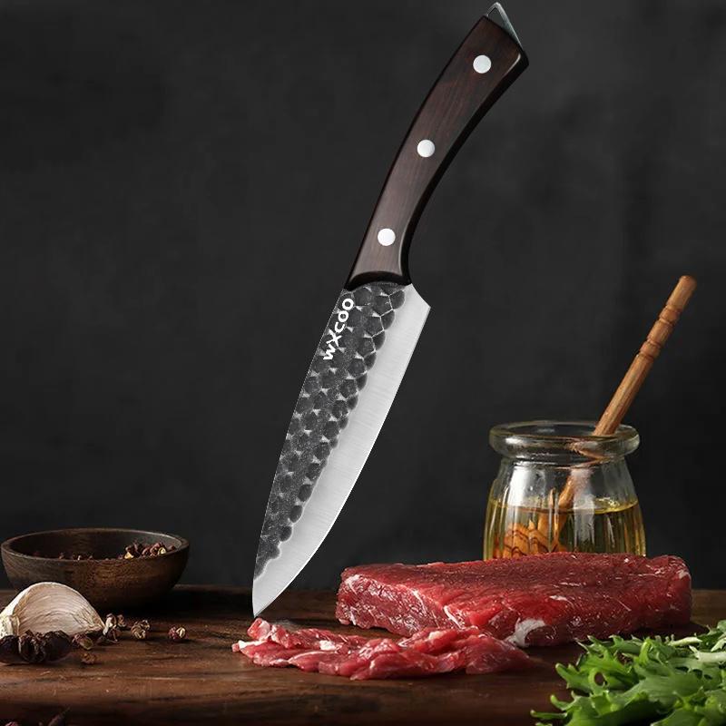4PCS Stainless Steel Knife Set Wooden Handle Kitchen Knives with Covers Professional Cutting Knife Meat Cleaver Forged Knife Multipurpose Boning Knife