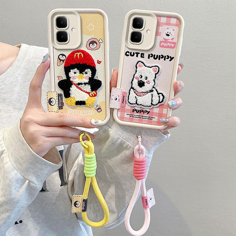 KEYSION Cartoon Cute Plush Embroidery Case for Infinix Smart 10 with Lanyard Silicone Shockproof Phone Cover for Infinix Smart 10