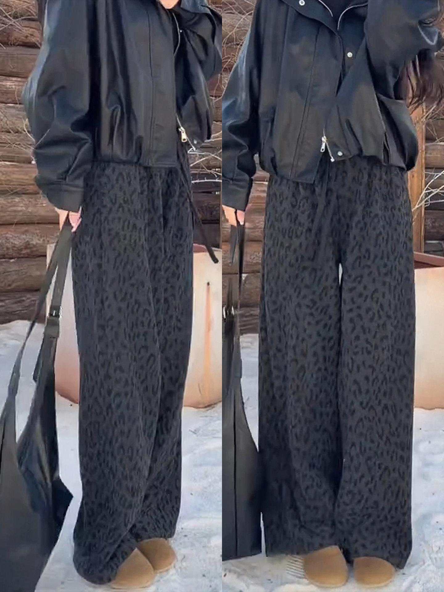 Plus Size Leopard Print Wide-Leg Winter Pants - Korean Style Casual Slimming Women s Pants M