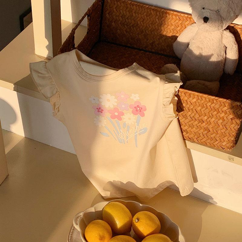 Summer New Kids Ruffle Sleeve Short Sleeve T Shirt Boys Girls Cartoon Print Casual Top Baby Fashionable Trendy