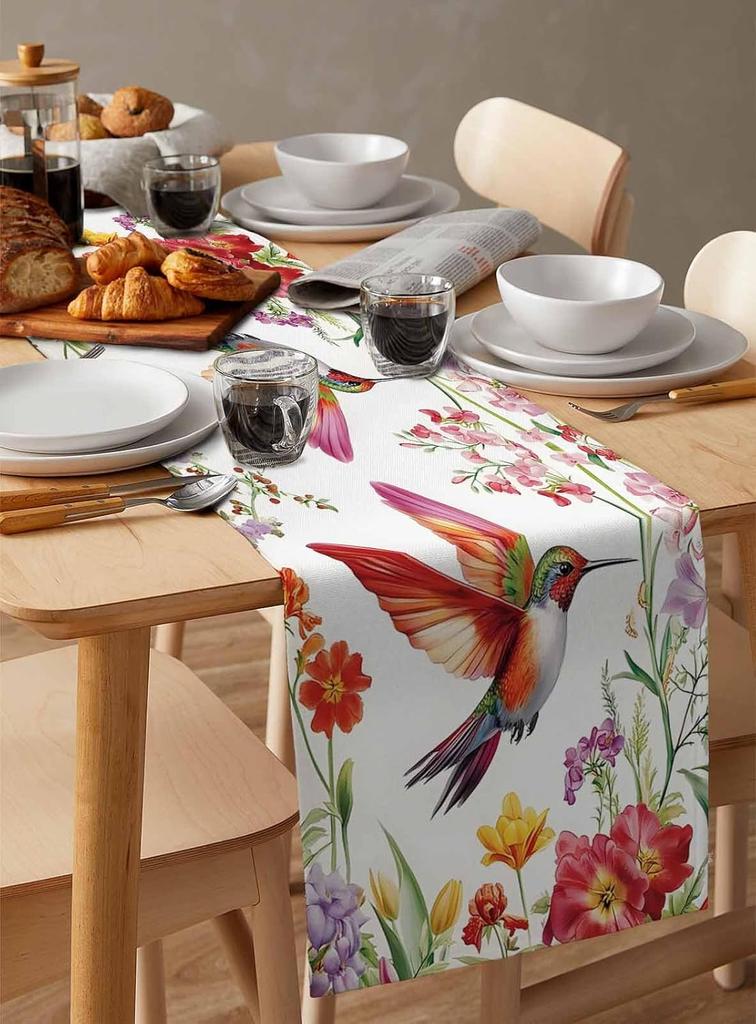 Spring Country Pastora Hummingbird Flowers Linen Table Runner Party Decor Summer Floral Birds Table Runners Dining Table Decor