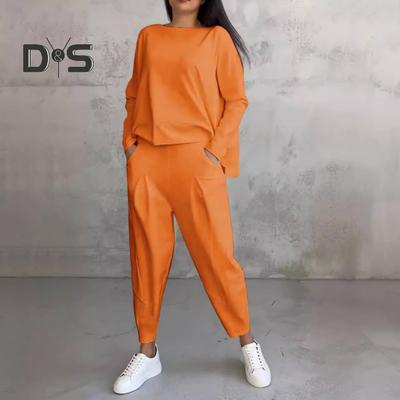 2 Teile/Satz Damen Oberteile Hosenanzug Rundhalsausschnitt Lange Ärmel Einfarbig Unregelmäßig Sweatshirt Kordelzug Elastische Taille Hose Alltagskleidung Sport Outfit