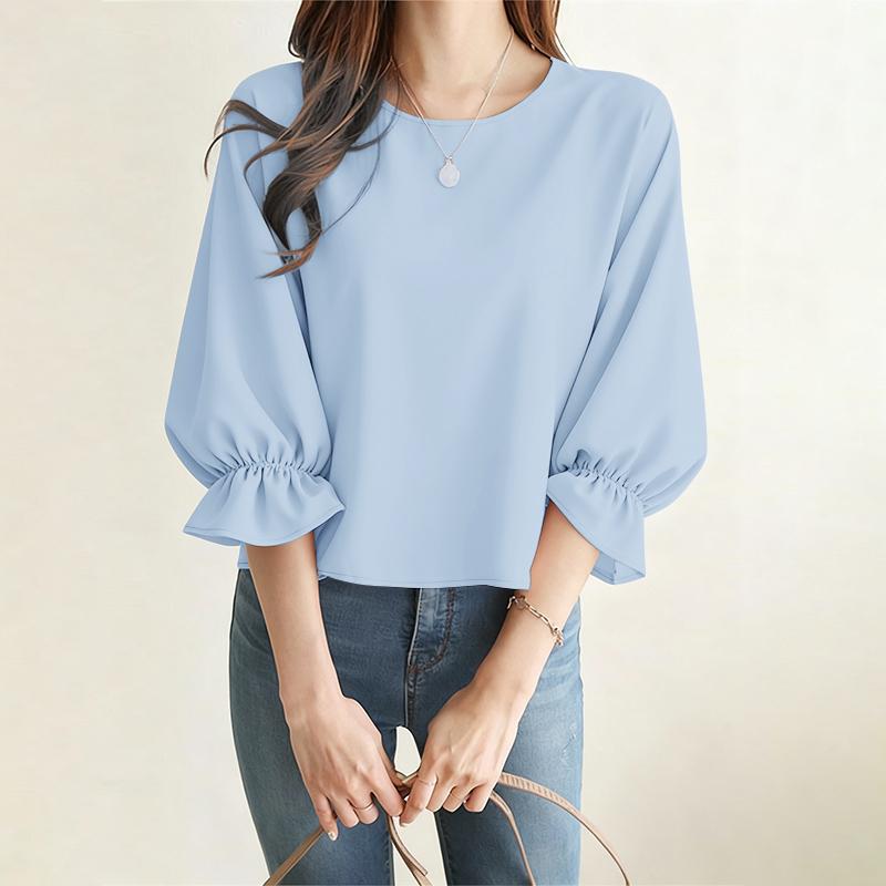 ZANZEA Women Casual Round Neck Solid Color 3/4 Sleeve Loose Blouse