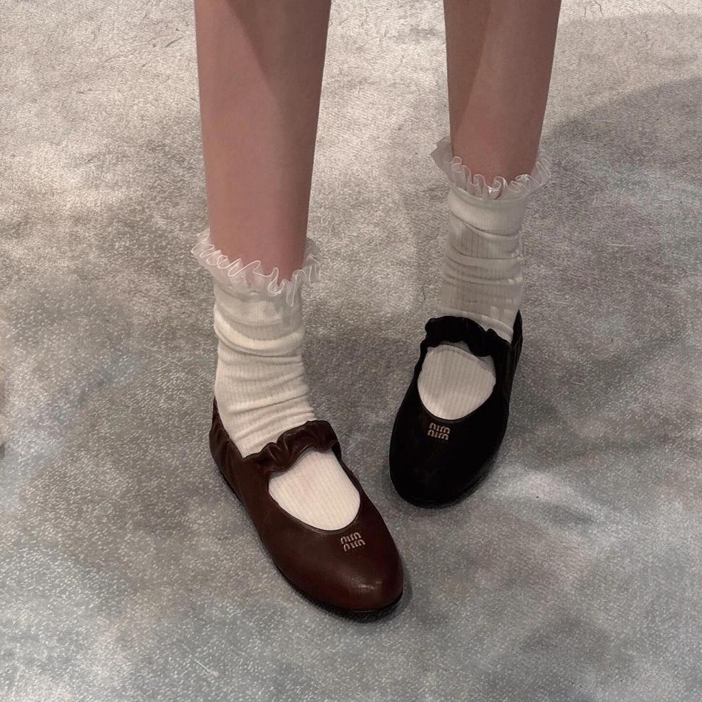 Sheepskin Version~ Leather Round Head One Word with Ballet Shoes Women's Soft-soled Mary Jane Single Shoes Flat-soled Small Leather Shoes Laden Shoes