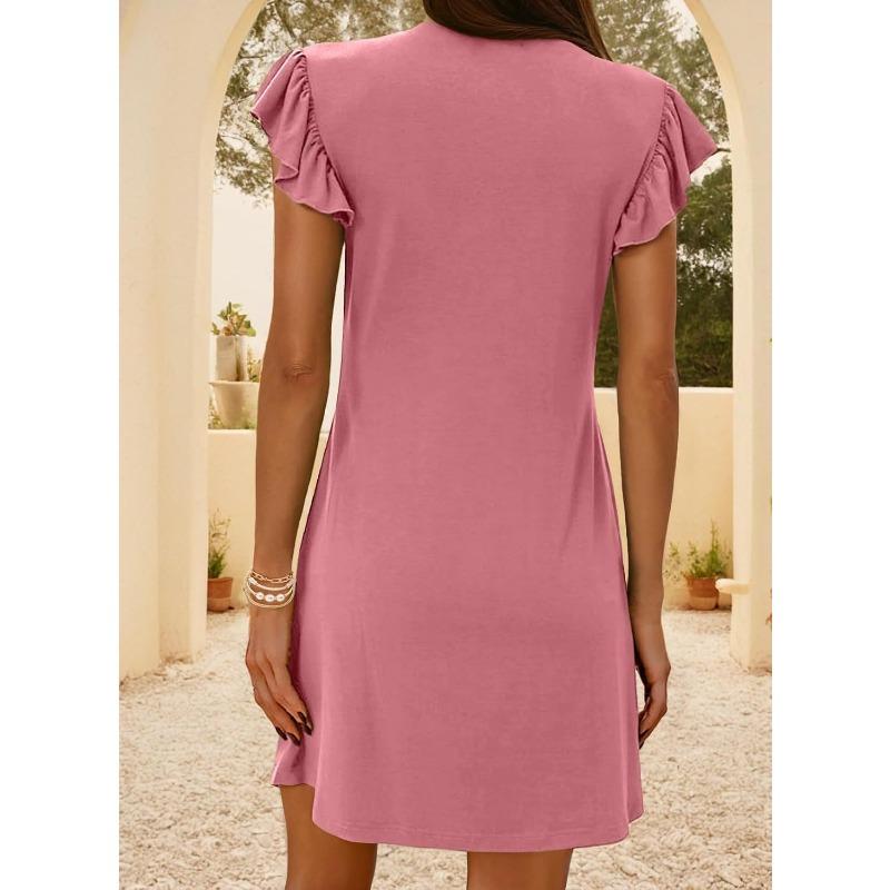 Women V Neck Flutter Sleeve Pleated Solid Color Flowy Long Dress