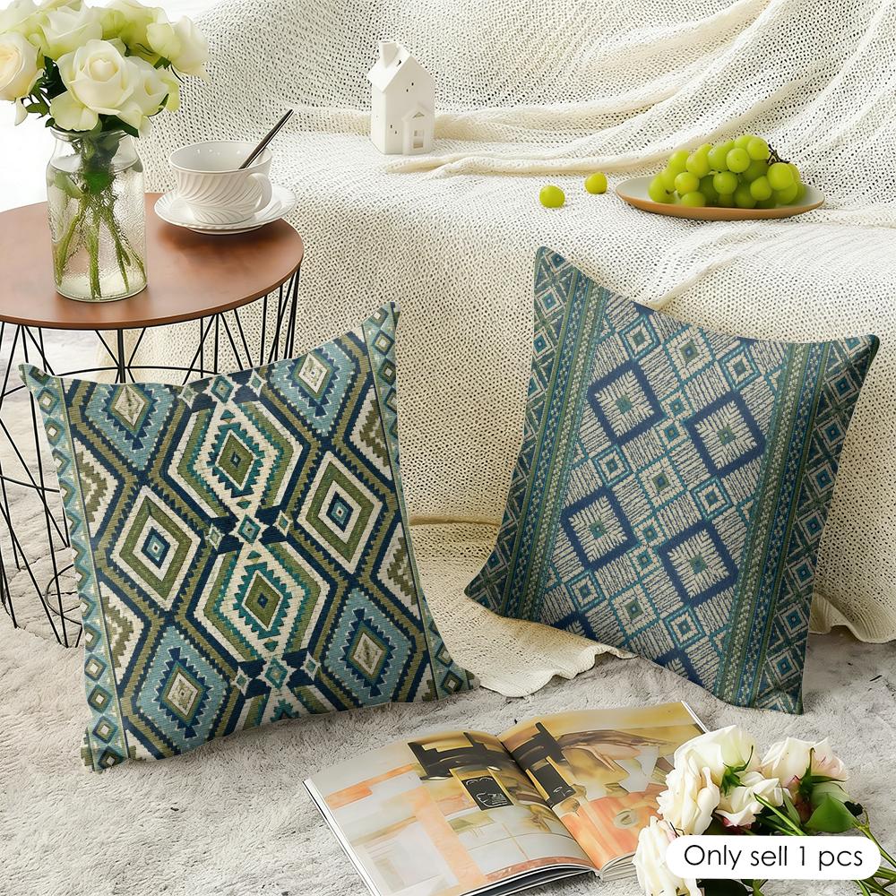 Blue Green Striped Diamond Pattern Cushion Cover Natural Linen Organic Fabric Double-Sided Printing Breathable For Home Decor