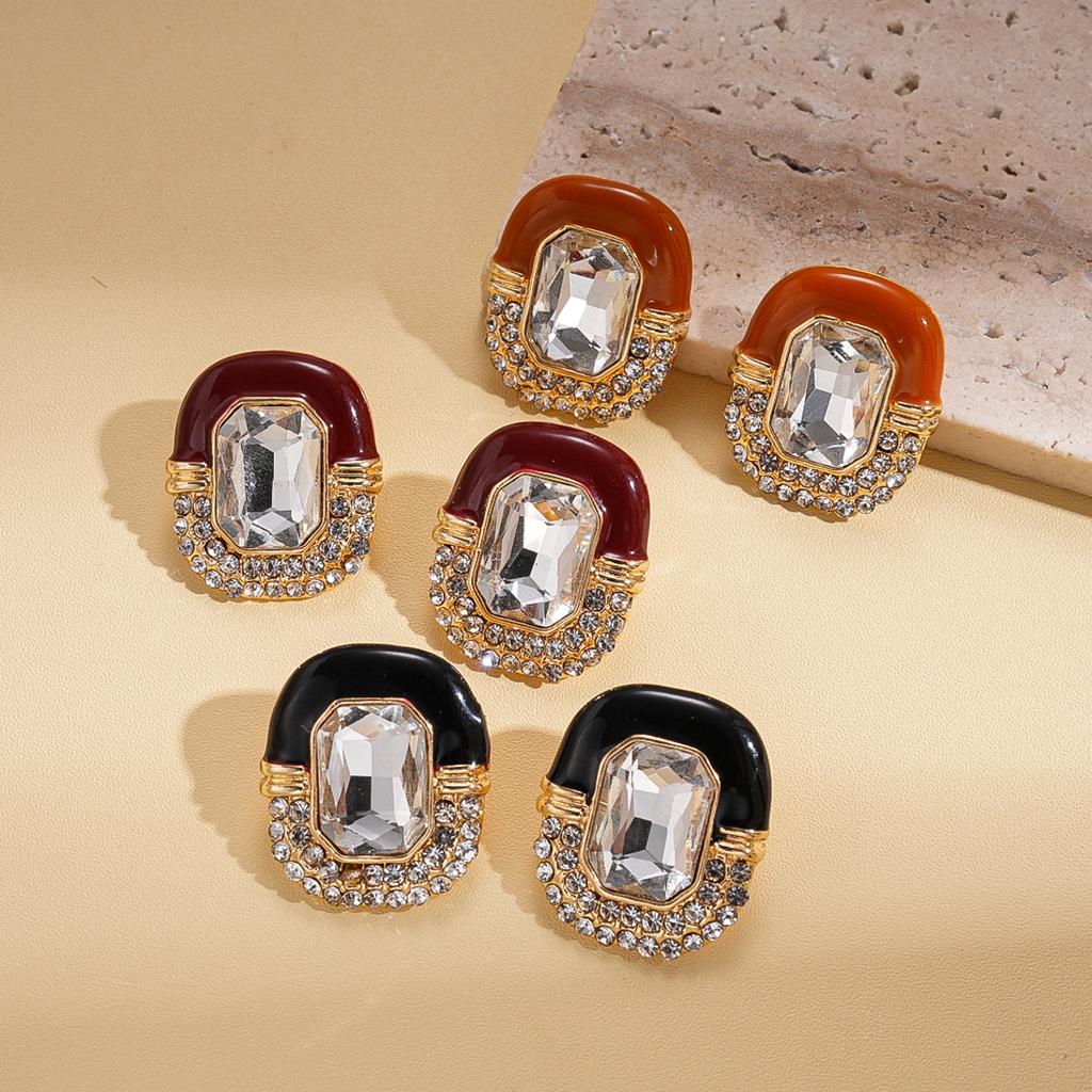 Wind Drop Oil Diamond Oval Square Silver Needle Stud Earrings Court Style Exquisite Premium Earrings