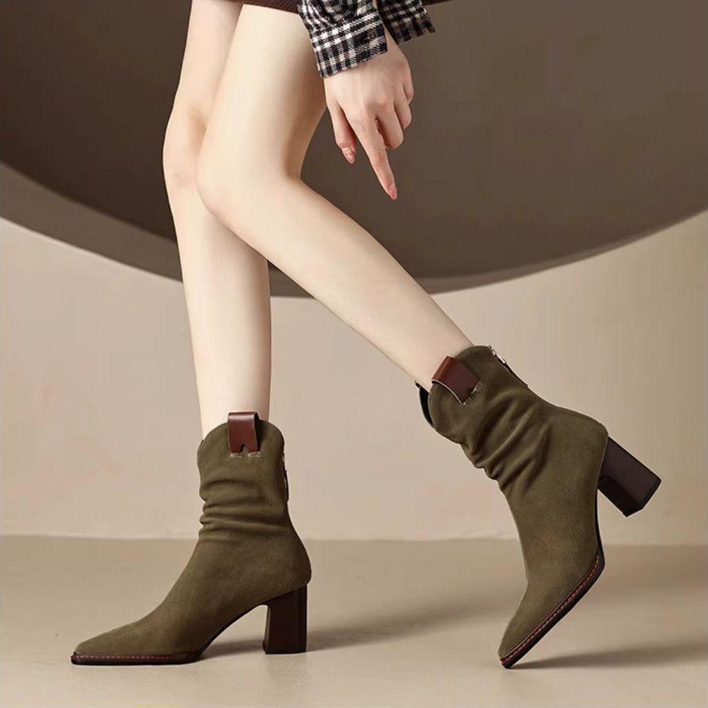 Women's Black Suede Pointed Toe Chunky Heel Ankle Boots with Back Zipper - Versatile Autumn/Winter Western Style.