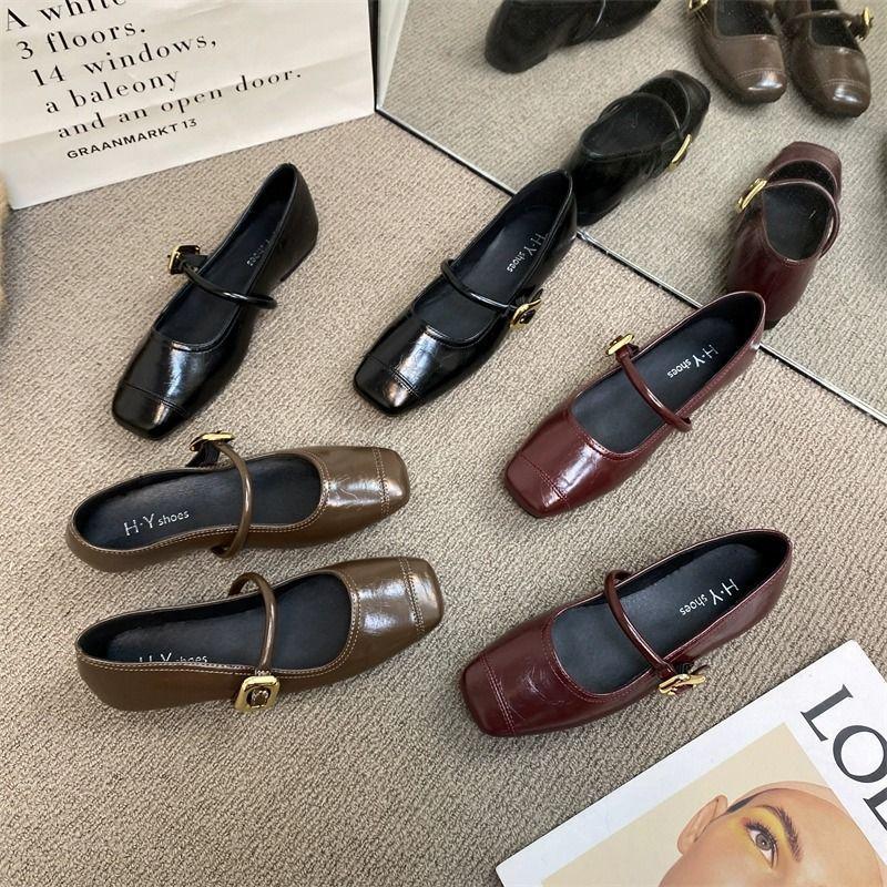 European station women's small leather shoes with square head flat bottom Mary Jane shoes shallow mouth single shoes women's large size women's sho