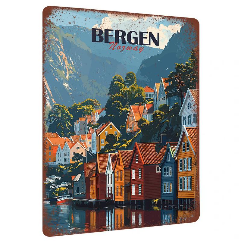 Bergen Norway Vintage Travel Poster Metal Wall Art Scandinavian fjord Landscape Home Decor 20x30cm（7.8x11.8inch）