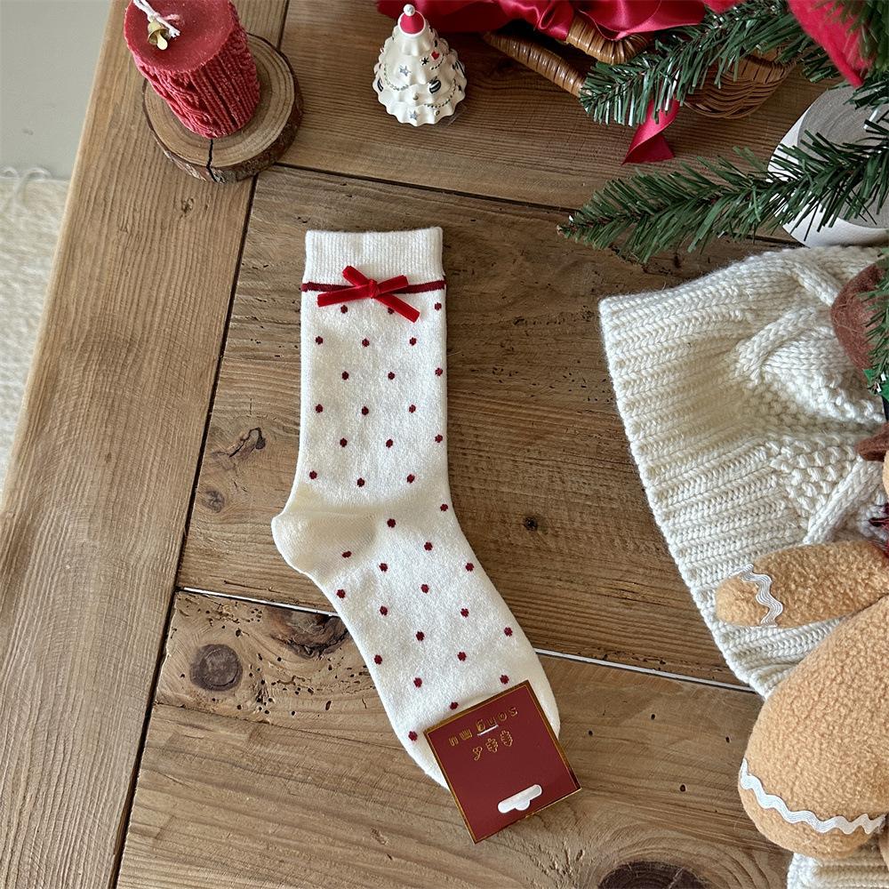 Songmu Winter Rabbit Down Big Red Socks New Year Socks Velvet Bow Tube Socks Lucky Socks