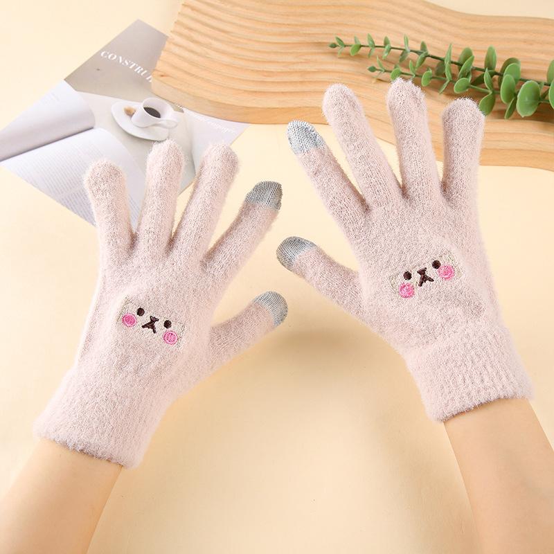 Autumn and winter new gloves thickened knitted cold-proof and warm gloves female cute cartoon smiley face riding gloves
