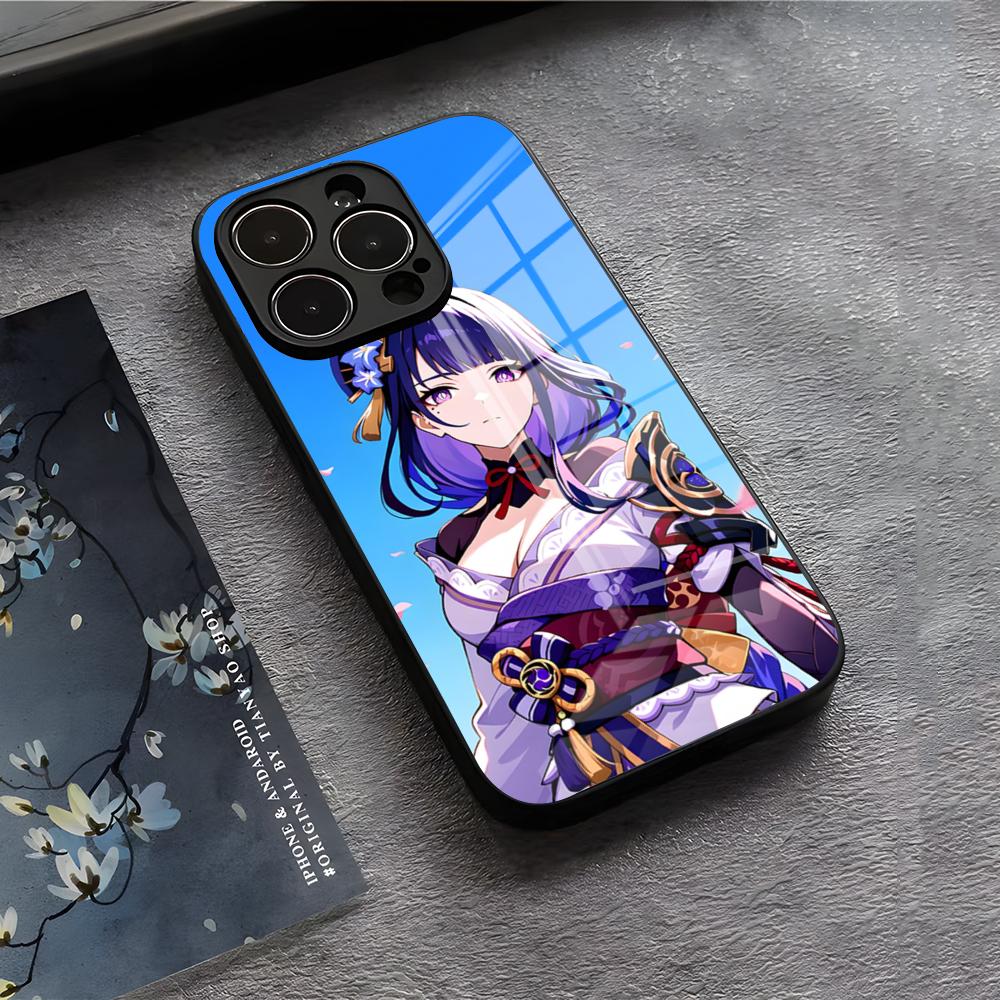 Genshin Impact Raiden Shogun Phone Case For IPhone 17 Air 16 E Pro Max 15 14 13 Mini 12 Pro 11 Max Plus Black Glass Cover iPhone 16