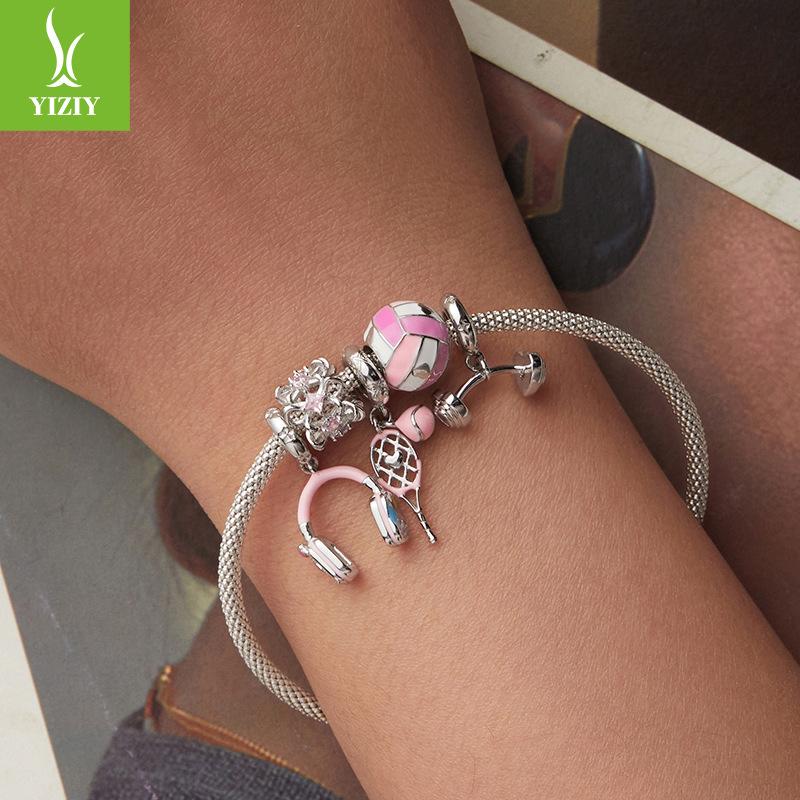Pink Sports Series S925 Sterling Silver Pendant Accessories, Pink Girls Heart Tennis Volleyball Diy Beads