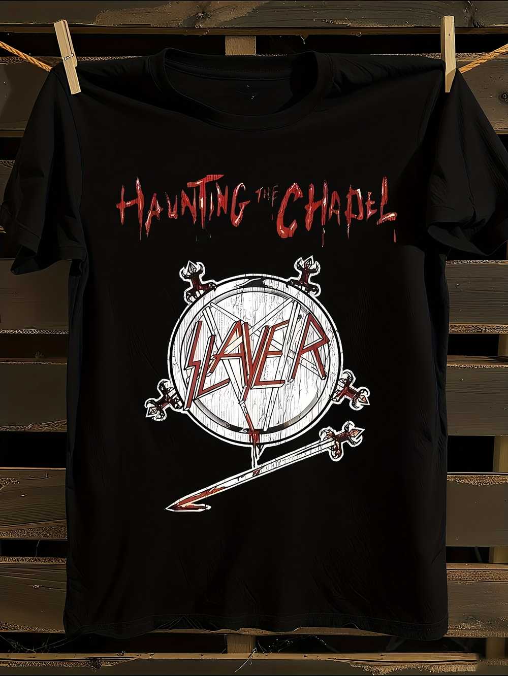 

Slayer Haunting The Chapel Logo T-Shirt Mens Tshirt Womens Tshirts with Letters Print Short Sleeves T-Shirt Casual Street Tee Shirt Top M