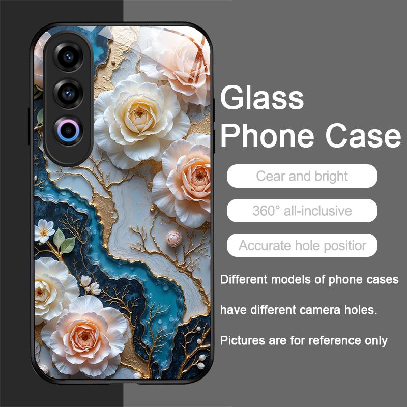 White Camellia Flower Marble Texture Tempered Glass Phone Case for OnePlus 13R 12 11 10 9 Nord CE4 3 2 Lite ACE2 ACE3 Pro Cover