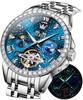Automatic Mechanical Skeleton Diamond Starry Sky Waterproof Date Luminous Watch for Men Stainless Steel Stylish Brand Blue