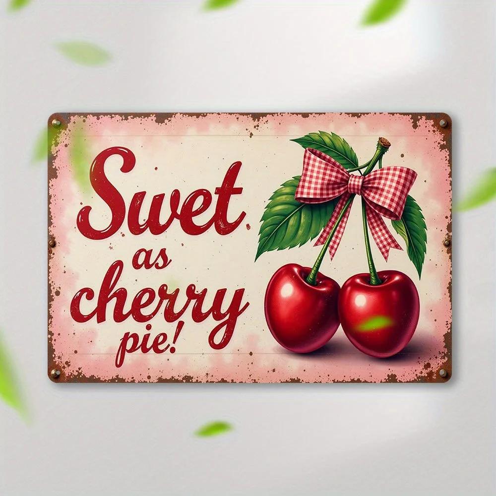 Timeless Retro Cherry & Pink Bow Metal Tin Sign. The "Sweet as Cherry Pie" wall art is a timeless piece of decor for the home