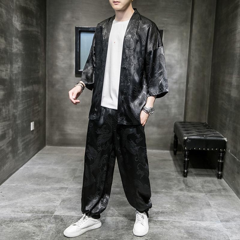 Herren-Kimono-Cardigan-Anzug, Sommer-Kimono-Cardigan + lockere Hose, 2-teiliges Set