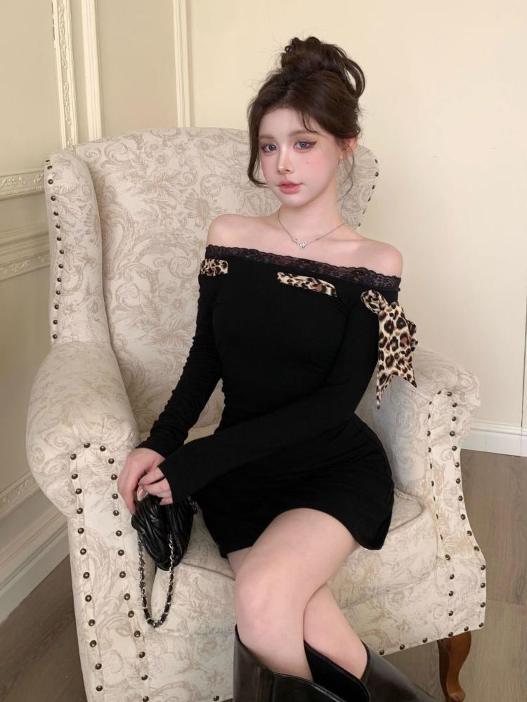 Toamna Dantela Imprimare Leopard Design Sense Maneca lunga Cusatura diagonala Umar Negru Rochie Pure Desire Talie American Spice Girl Rochii scurte