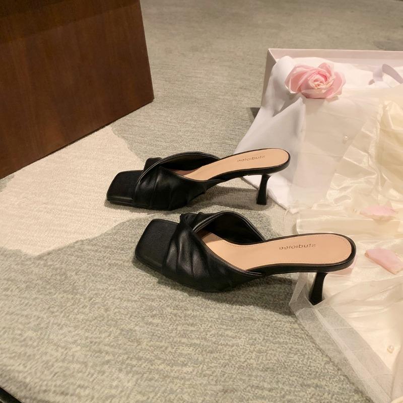 Sheepskin~ 7cm square head pleated one word with half slippers femininity commuter high heel sandals