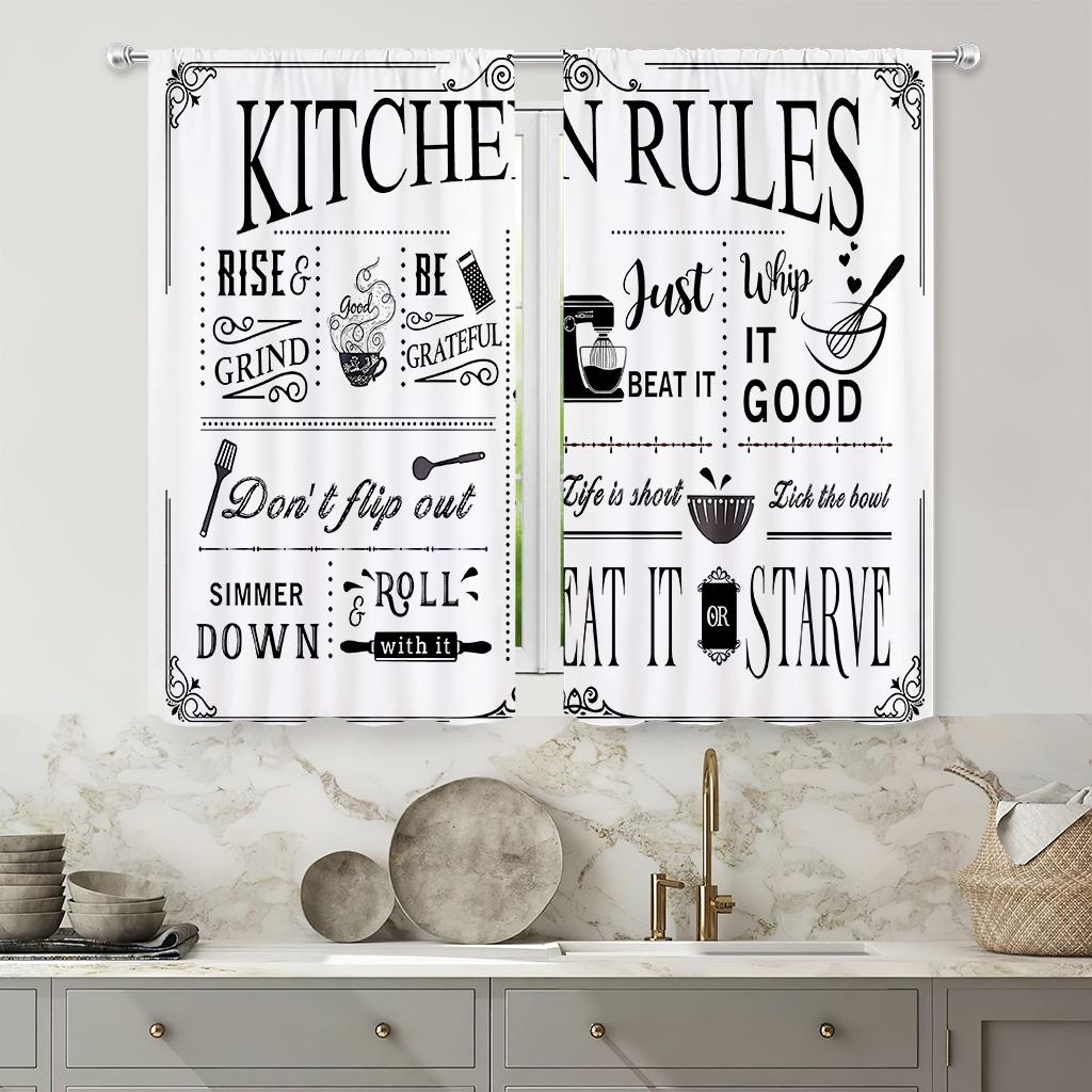 Retro Kreativer Druck Vorhang, Stangentasche, Küche, Esszimmer, Wohnzimmer, Dekoration, 2 Stück