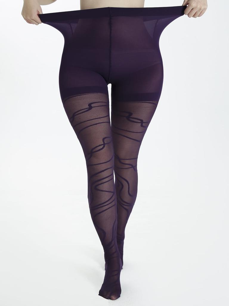 Women's Plus Size Abstract Linear Jacquard High Rise Pantyhose - 40 Denier Stretchy Stockings for Casual Wear