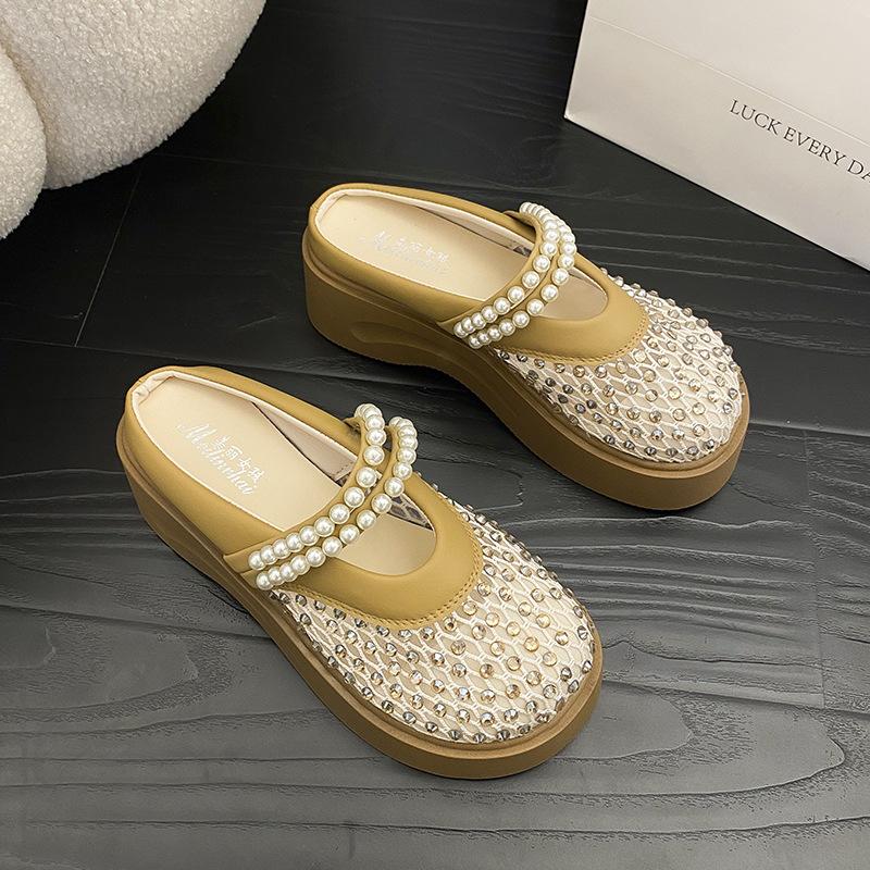 

Летние женские дышащие шлепанцы Мэри Джейн на толстой подошве, 2025, с жемчужным носком-баотоу, полушлепанцы 40 хаки