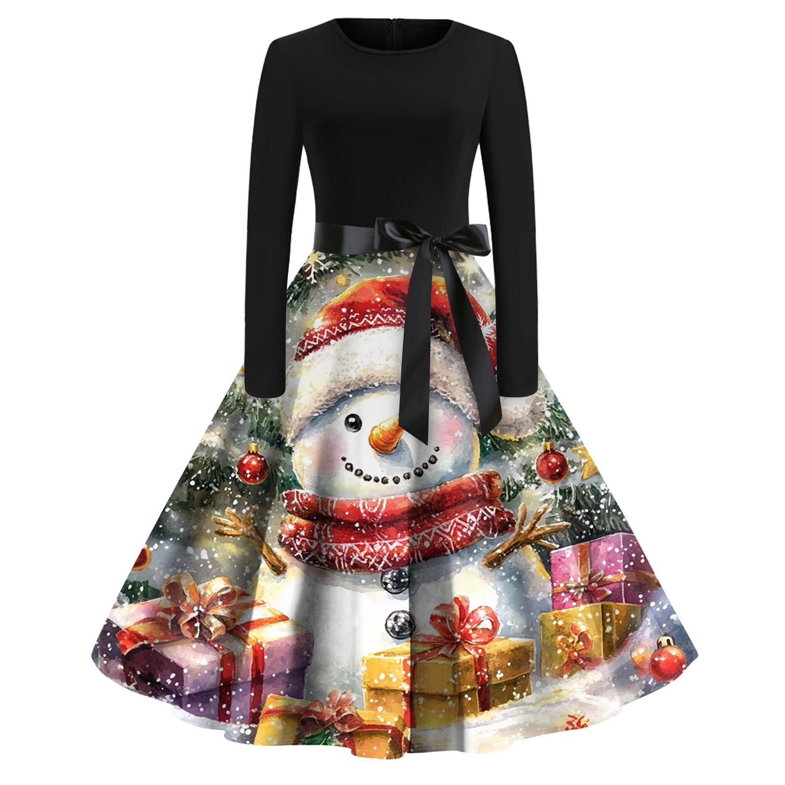 

Рождественский принт расклешенное платье для женщин платье с длинным рукавом полые вечерние повседневные платья XL киноварь