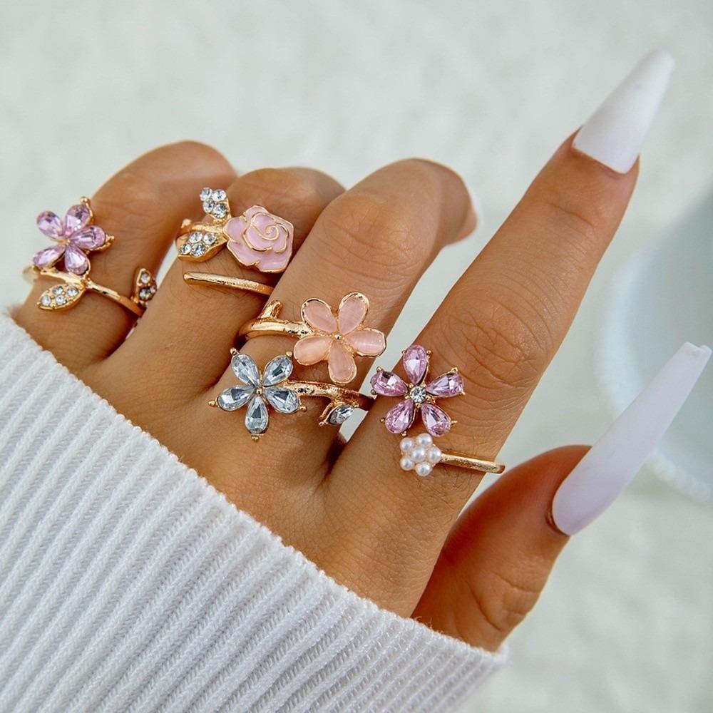 4Pcs Zircon Flower Open Rings Irregular Small Flower Ring Sets New Zirconia Ring Jewelry 4pcs