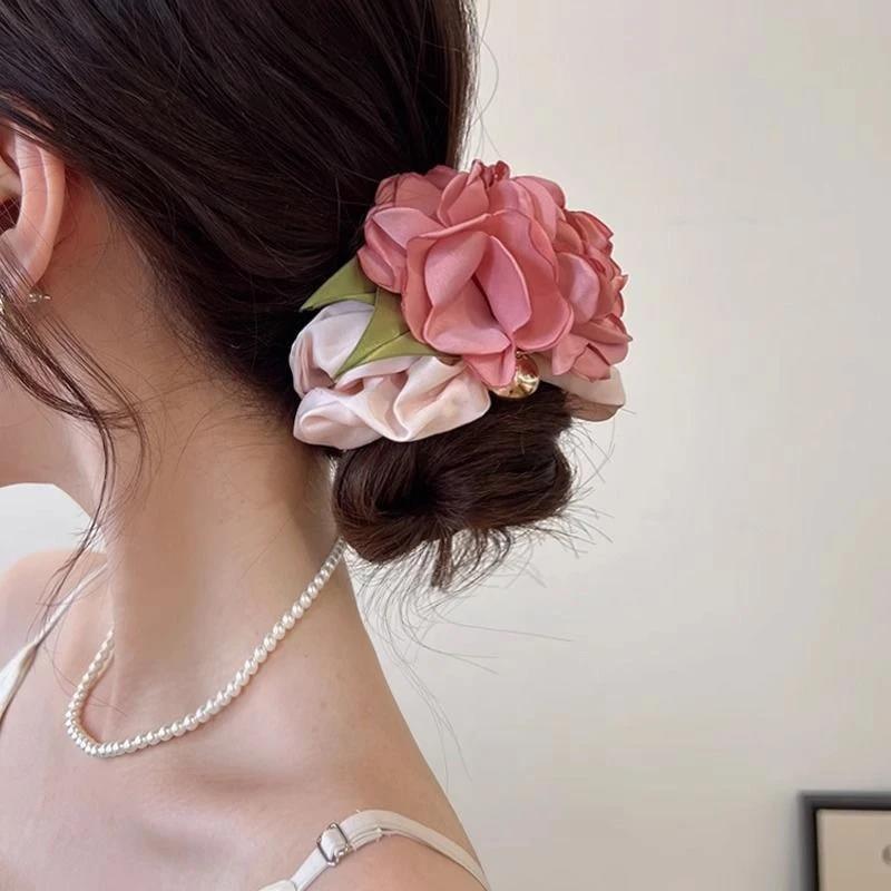 1Pc Fashion Rose Flowers Hair Elastic Band With Bell, Vibrant Floral Pattern, Soft Fabric Headband