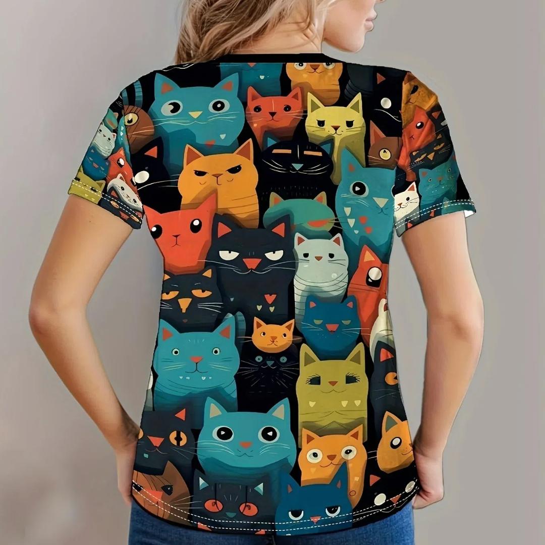 

Футболка з круглим вирізом з котячим принтом, мила футболка з короткими рукавами на весну та літо, жіночий одяг L